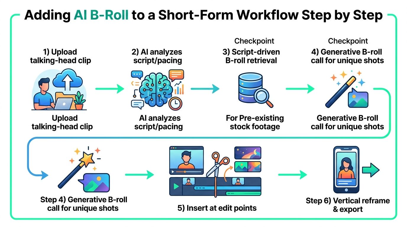 A step-by-step infographic showing how to add AI-generated B-roll to short-form video content workflows.