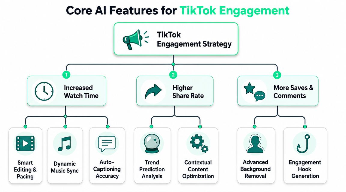 A flow chart outlining core AI features for optimizing TikTok engagement strategy through various technical content enhancements.