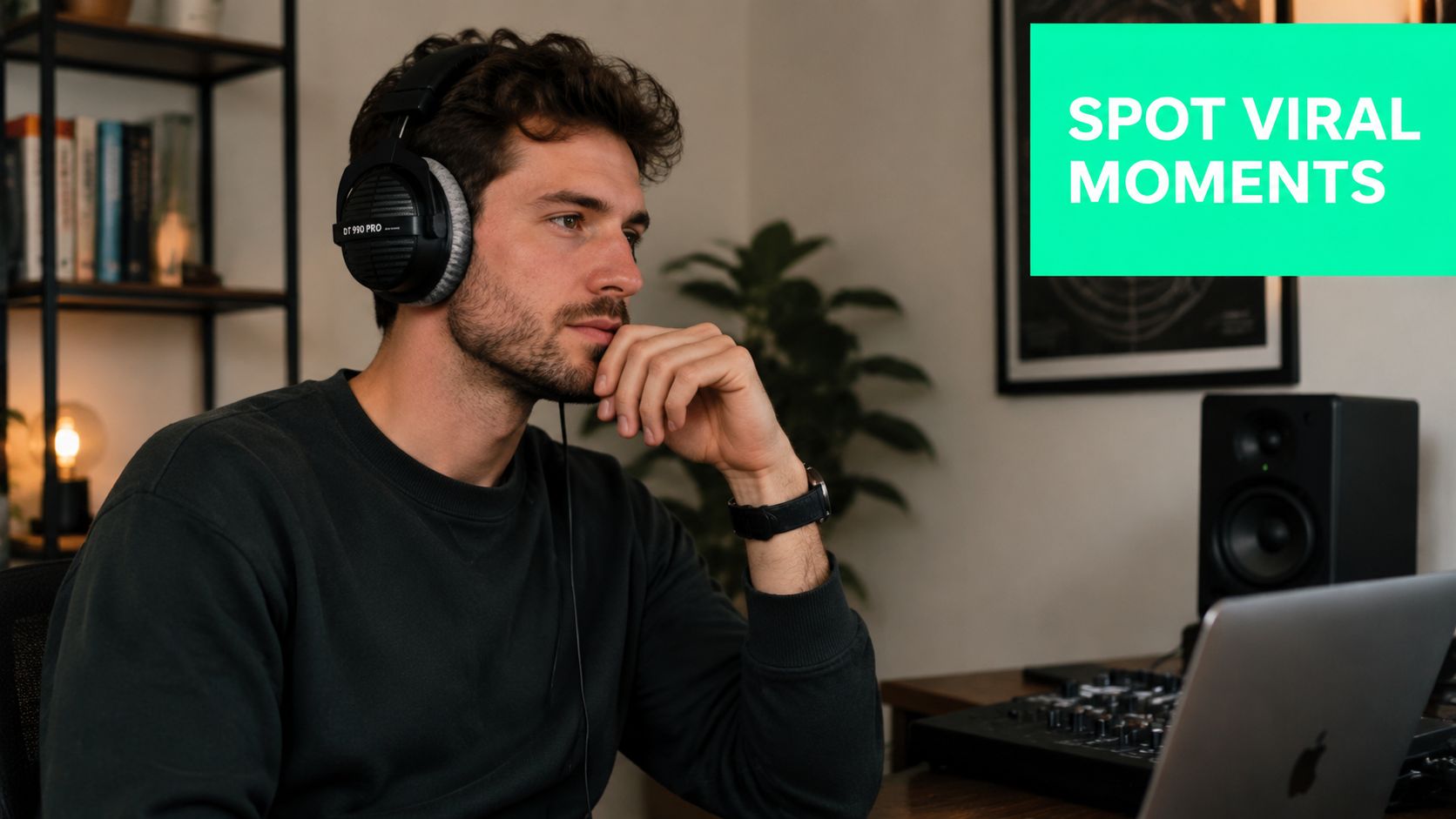 A young man with headphones sitting at a desk with a laptop and audio equipment in a studio.