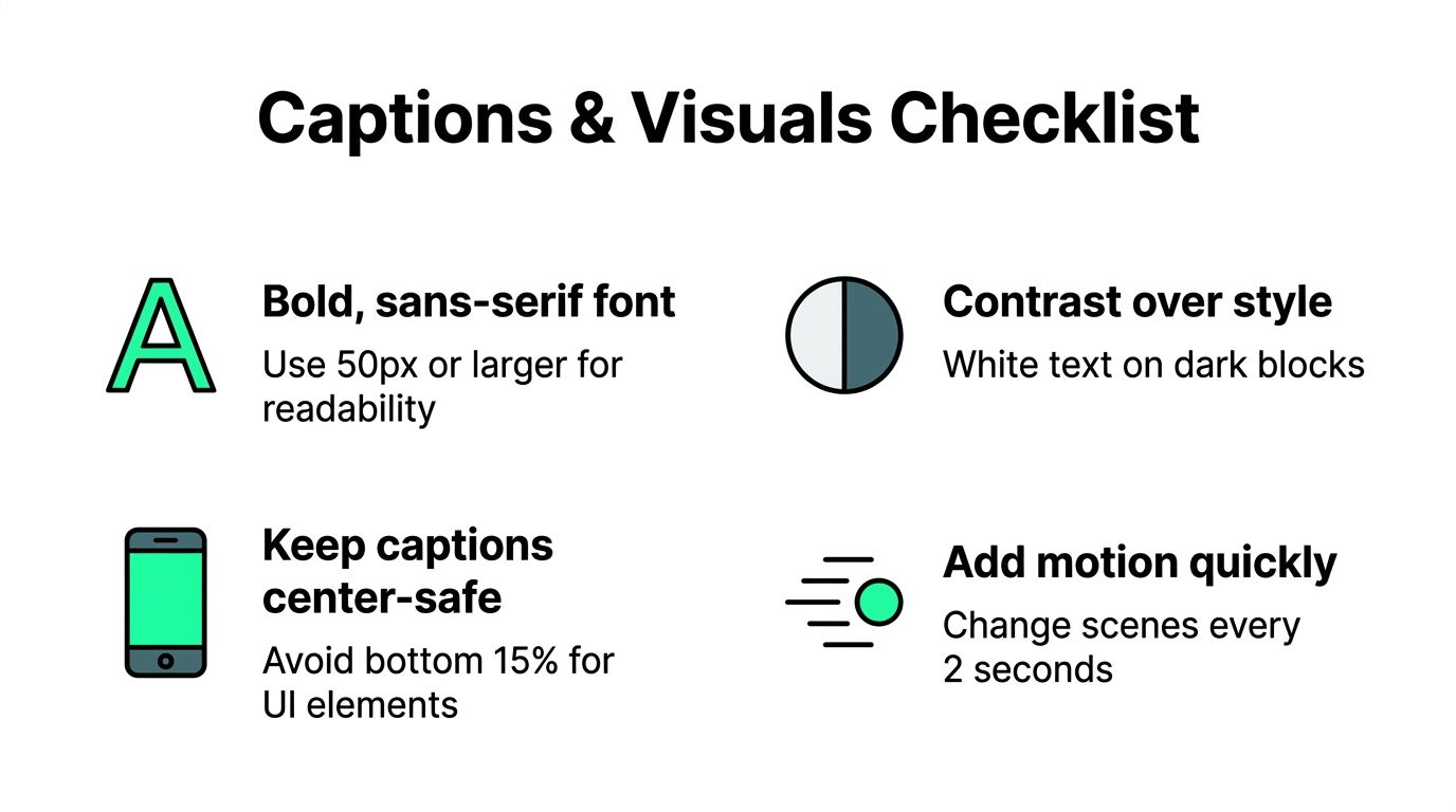 A checklist infographic providing tips for optimizing captions and visuals for social media video content.