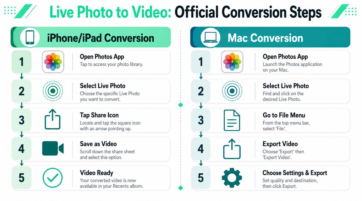 A step-by-step instructional infographic showing how to save a Live Photo as a video on iPhone and Mac.