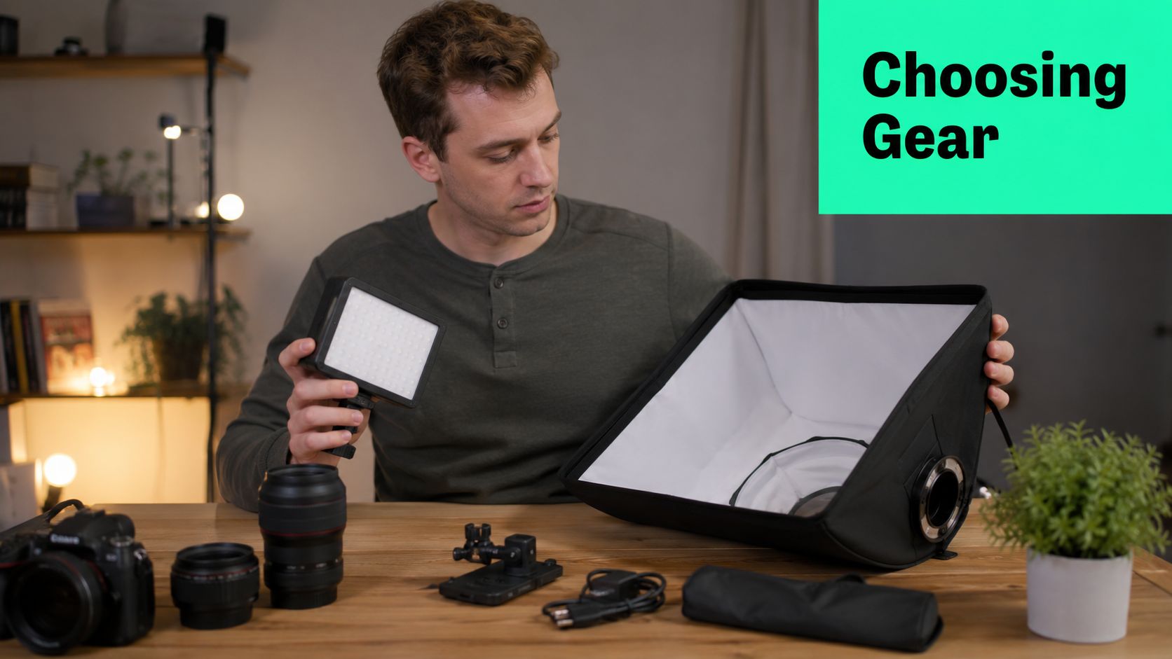 A man sitting at a desk with photography and video lighting equipment, including a camera and softbox.