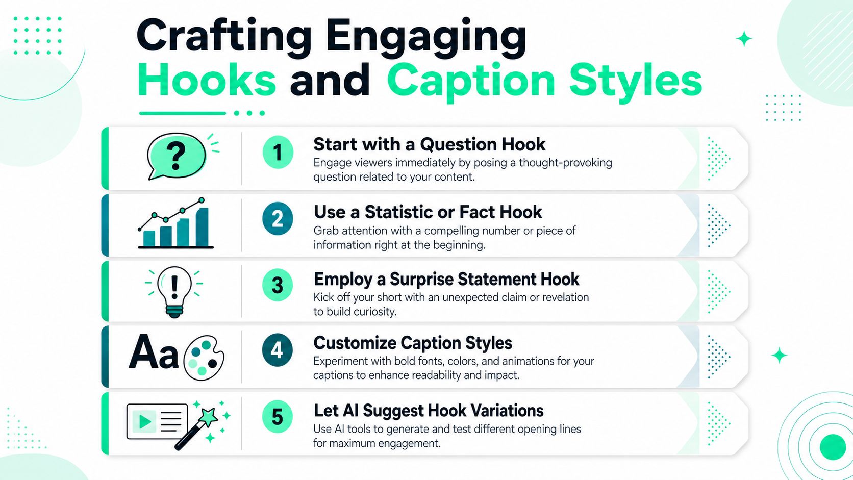 An infographic titled Crafting Engaging Hooks and Caption Styles displaying five tips for improving video content.