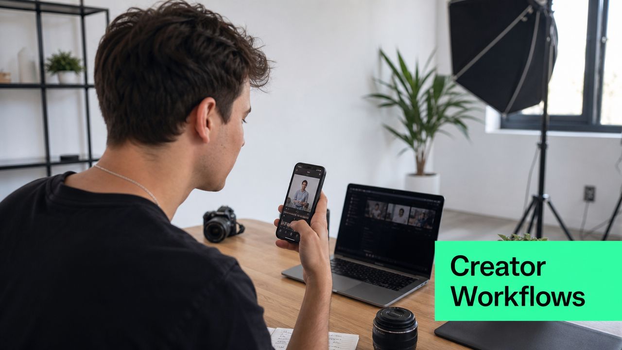 A creator editing a vertical video on their smartphone at a wooden desk with a laptop.