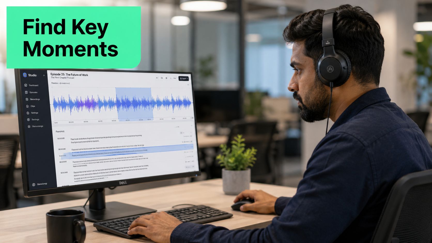 A man wearing headphones works at his desk on a computer editing a podcast audio file.