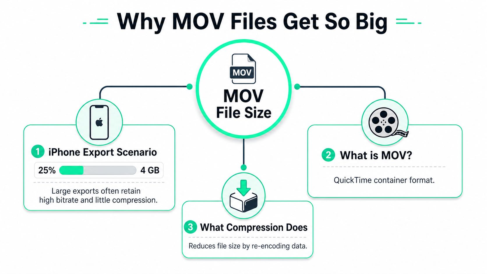 A diagram explaining why MOV files are large, covering iPhone exports, container formats, and compression.