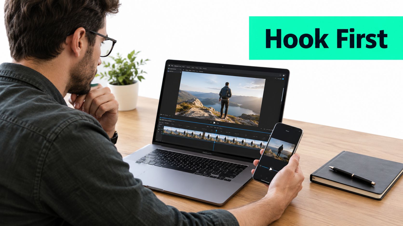 A man working on video editing for reels using AI software on his laptop and smartphone.