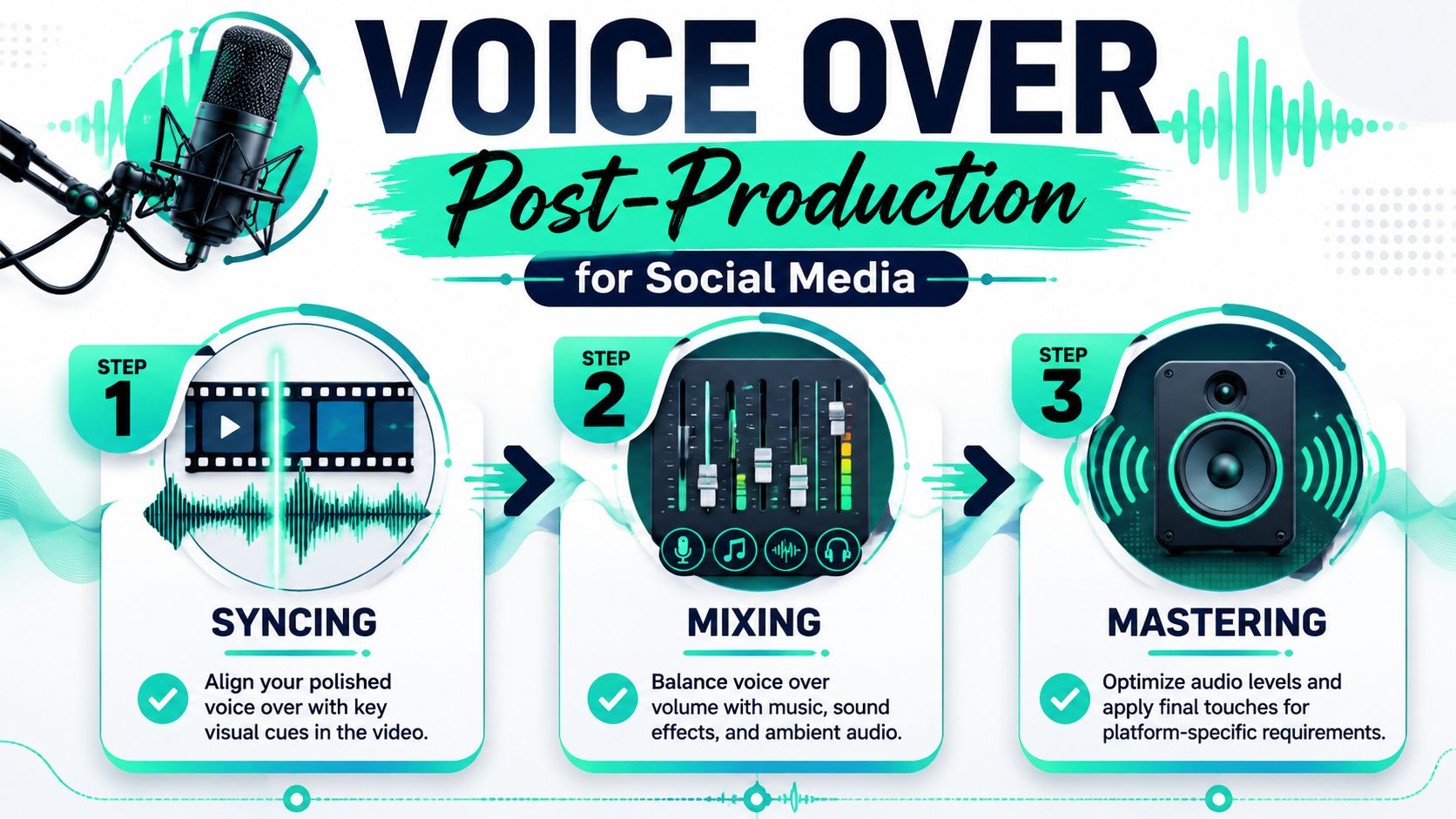 A three-step infographic illustrating the voice over post-production process including syncing, mixing, and mastering audio for video.