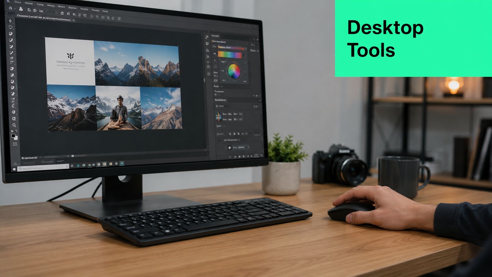 A person using a professional photo editing software on a desktop computer with a camera nearby.