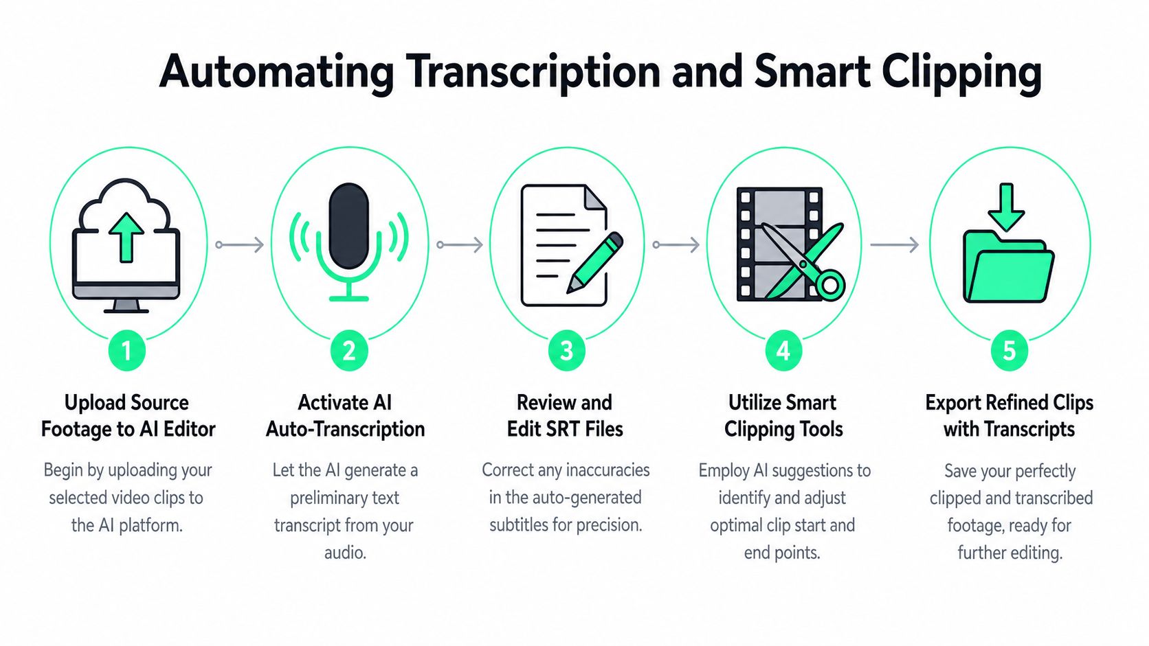A five-step infographic explaining the automated workflow for AI video transcription and smart clipping.