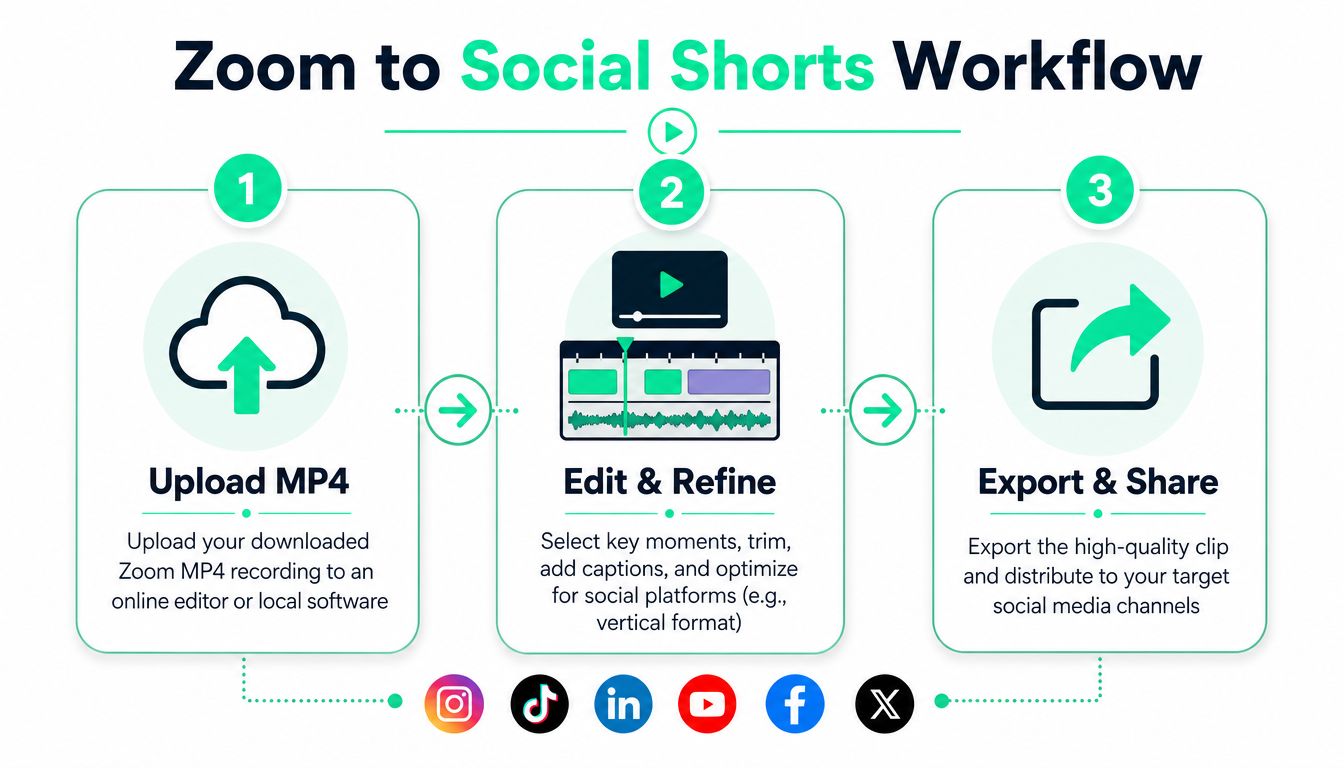 A three-step infographic showing the workflow for converting Zoom recordings into social media short-form video clips.