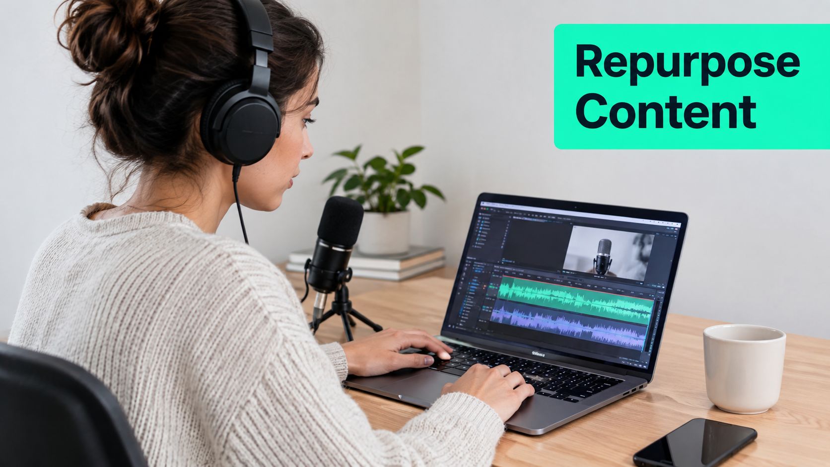 A woman wearing headphones editing audio content on a laptop while sitting at her home office desk.