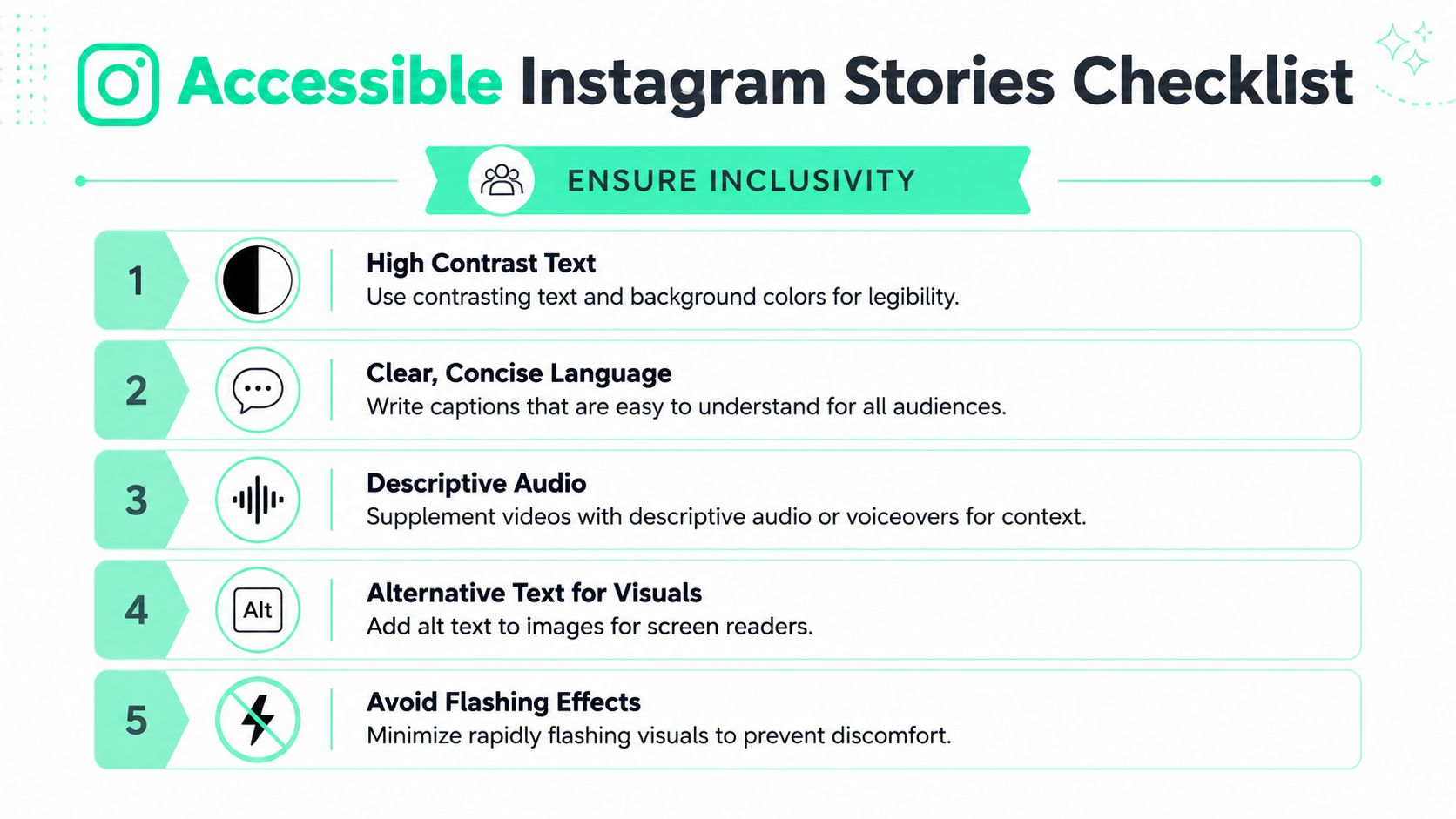 A checklist infographic detailing five essential tips for creating accessible and inclusive Instagram stories for all users.