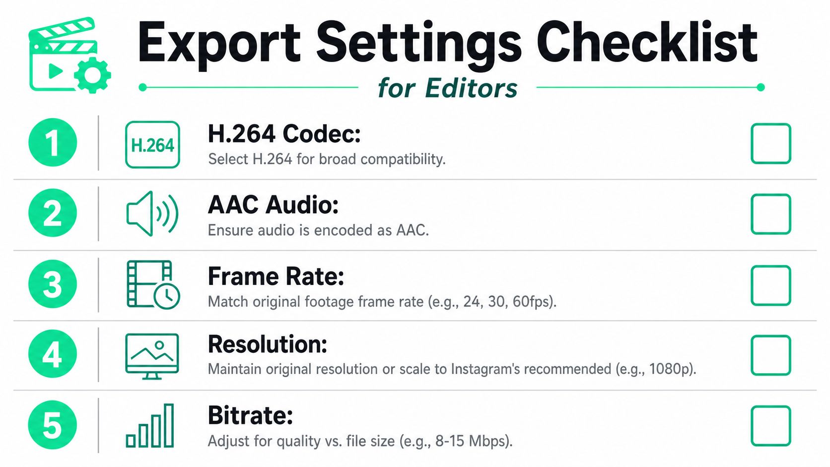 A checklist for video editors listing five essential export settings for optimal video file quality.