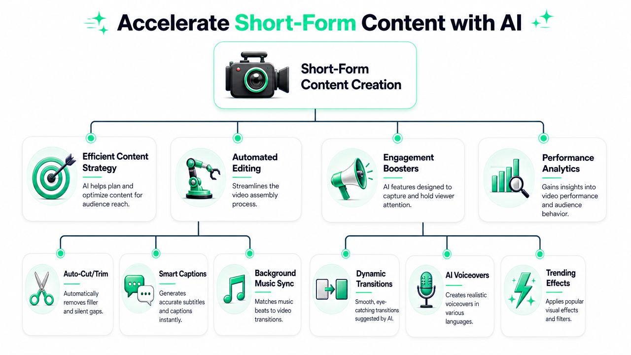 A diagram illustrating how AI tools accelerate and optimize the process of creating short-form video content.