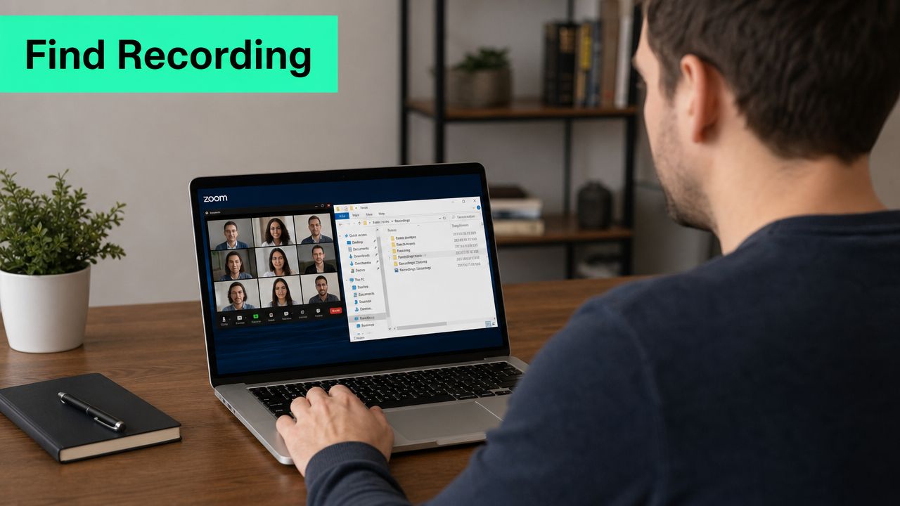 A man sits at a desk using a laptop to manage Zoom meeting recordings on his computer.