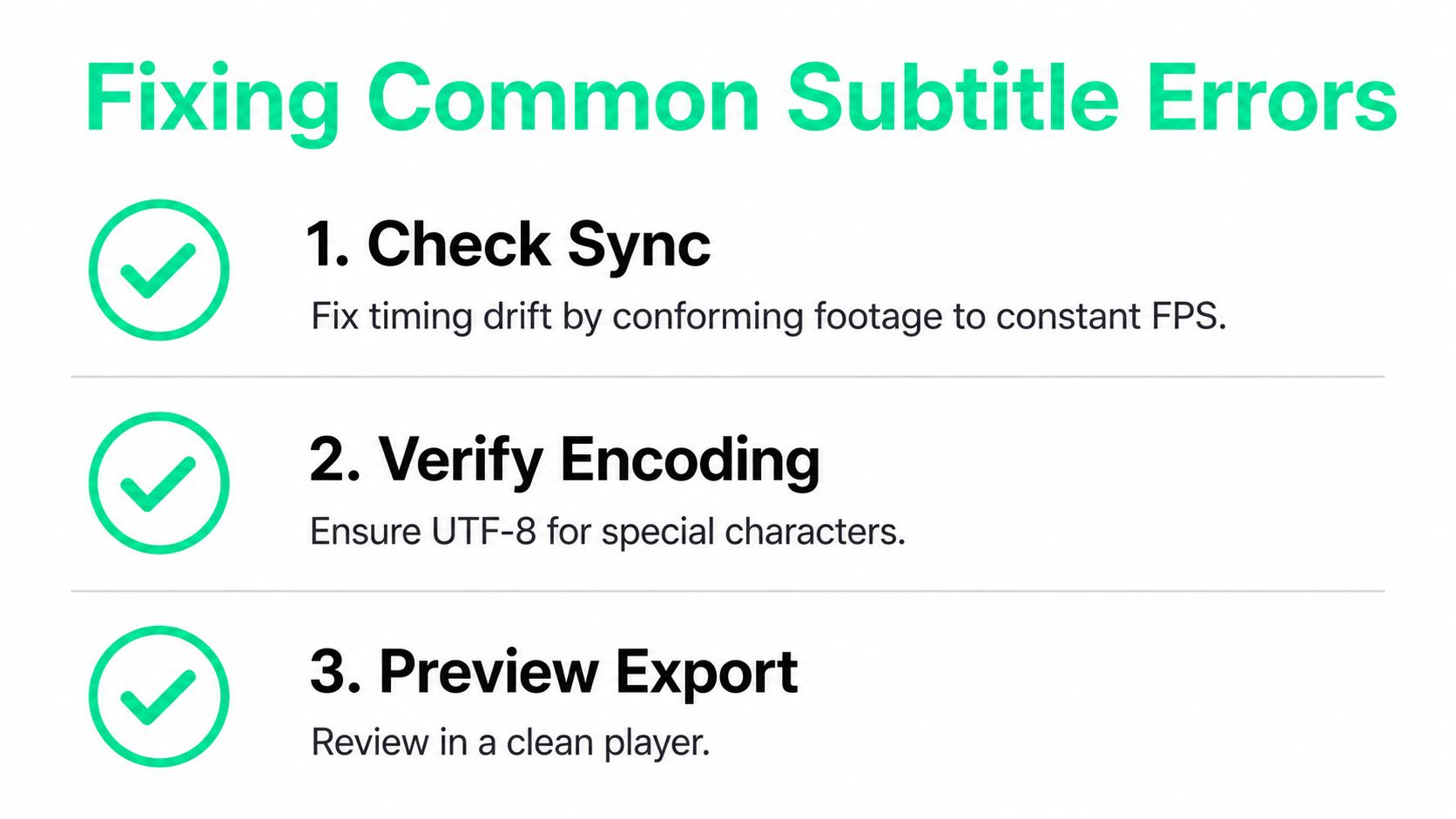 A graphic illustration detailing three essential steps for troubleshooting and fixing common subtitle formatting errors.