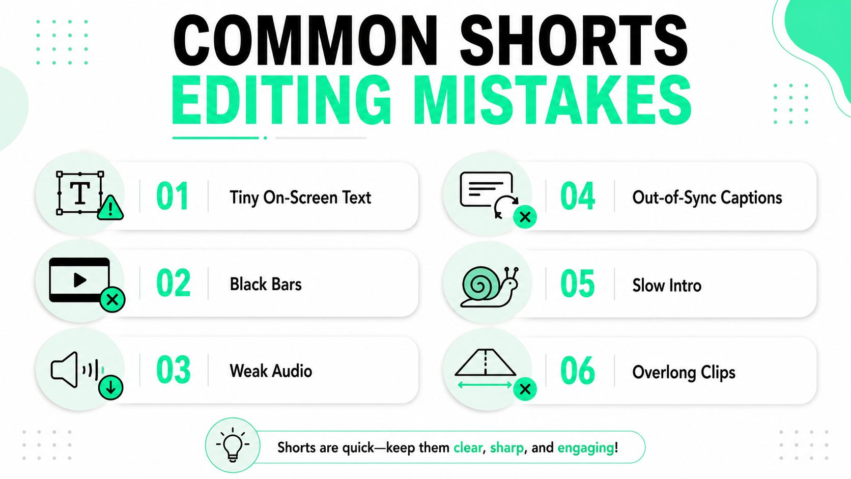 An infographic titled Common Shorts Editing Mistakes highlighting six key errors to avoid in short-form video production.