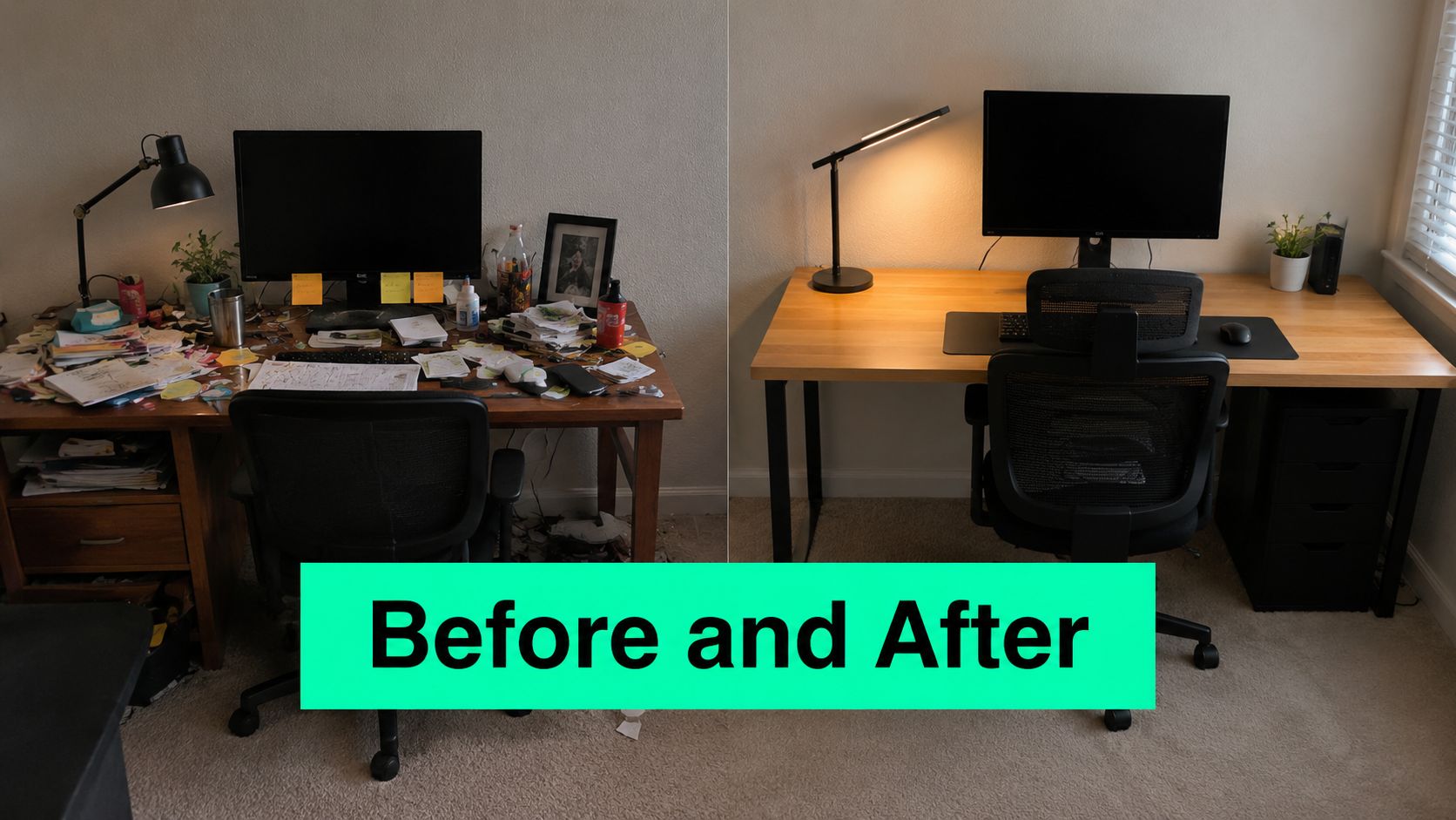 A side-by-side comparison showing a cluttered desk space transformed into a clean, minimalist workstation.