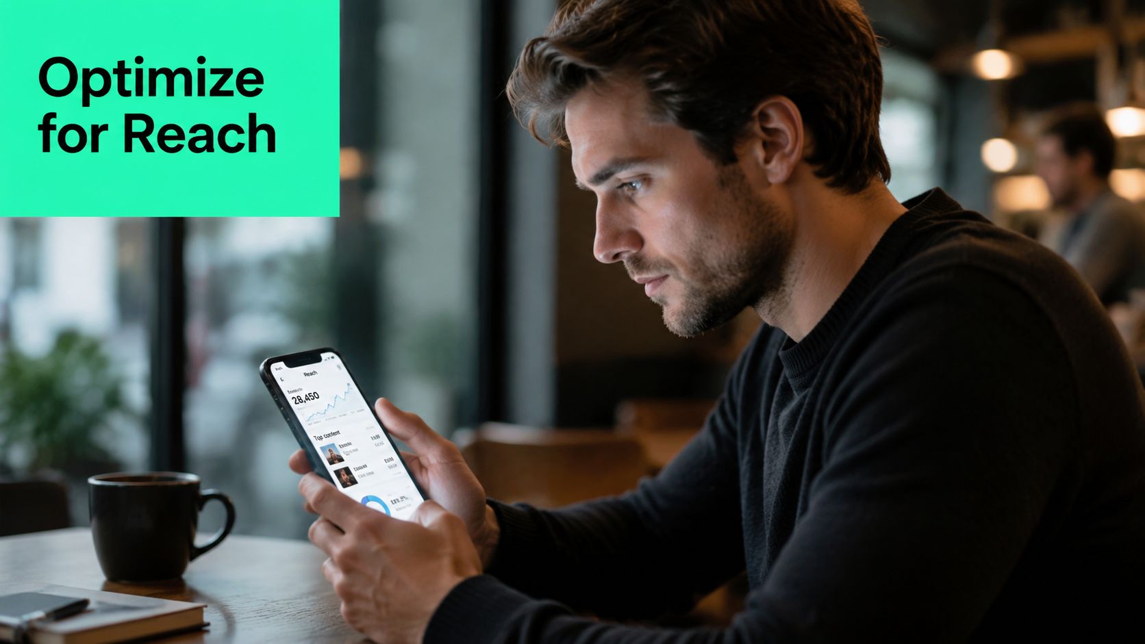 A young man sitting at a café table looking at analytics data on his smartphone screen.