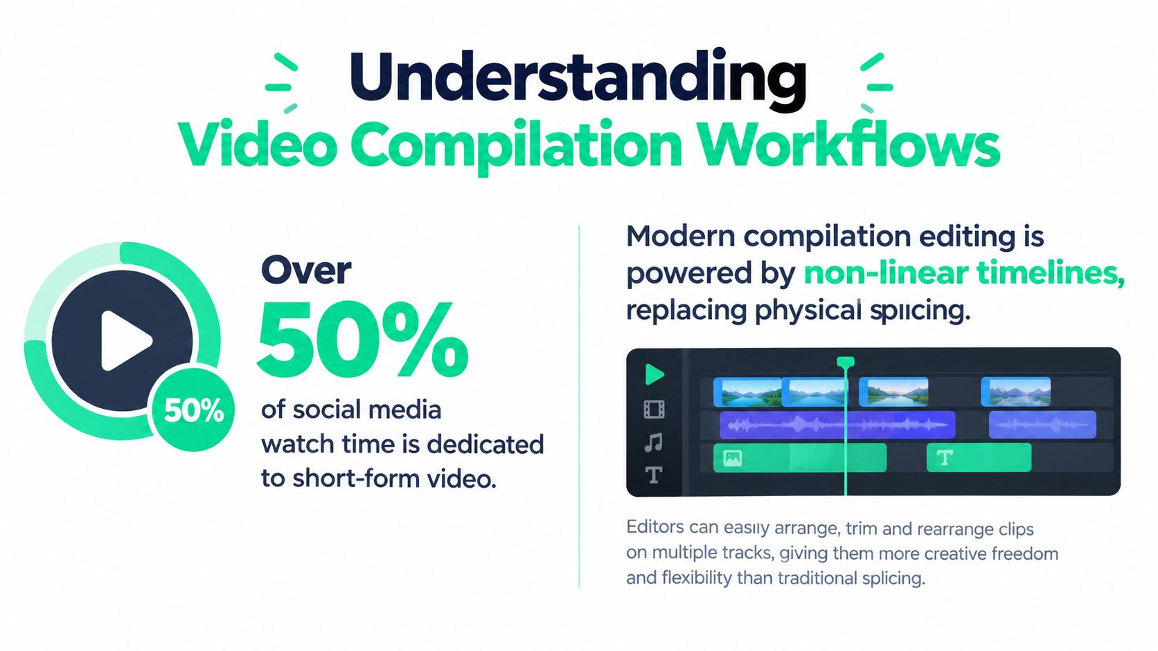 An infographic explaining modern non-linear video compilation workflows for creating short-form social media content.