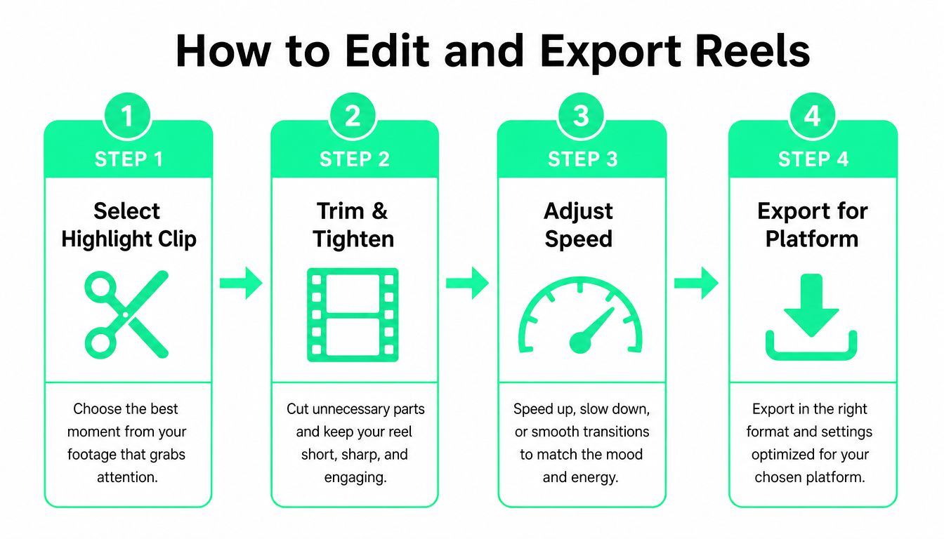 A four-step infographic explaining how to edit and export engaging Instagram reels for social media platforms.