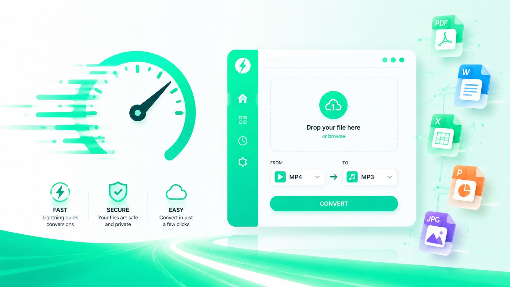 A digital file conversion interface featuring a speedometer icon for fast processing and various document format icons.