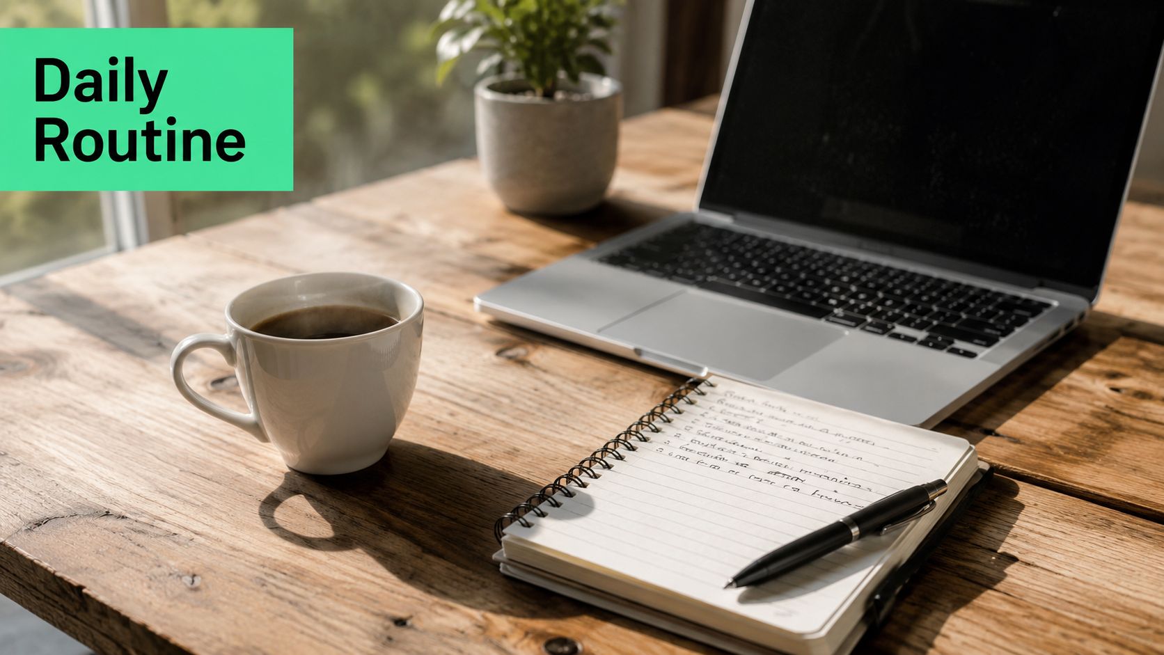 A minimalist workspace featuring a laptop, a coffee cup, and a spiral notebook on a wooden desk.