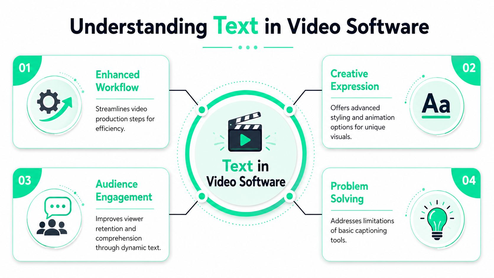 An infographic titled Understanding Text in Video Software, displaying four benefits of advanced text tools in video production.