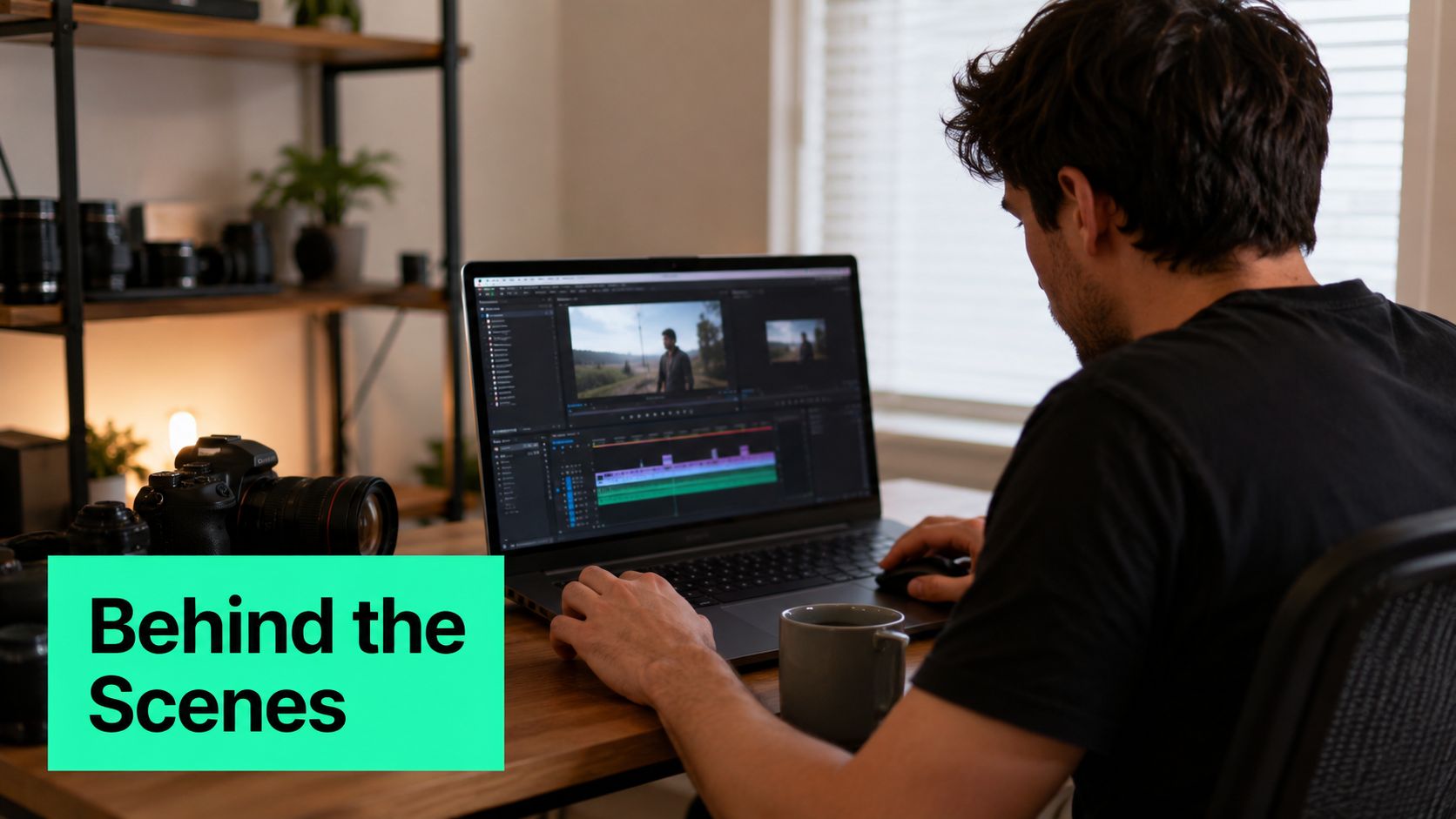 A man working on professional video editing software on his laptop at a desk with camera equipment.