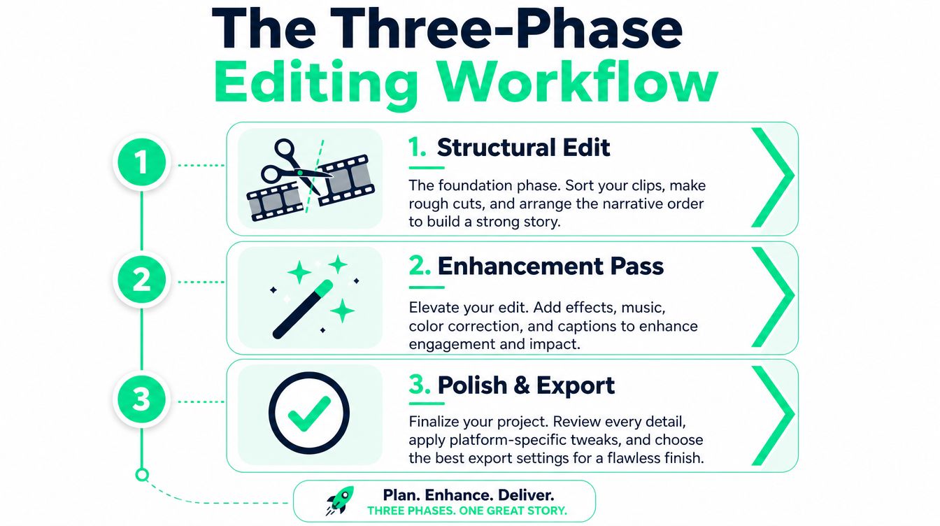A diagram illustrating the three-phase video editing workflow consisting of structural edit, enhancement pass, and polish.