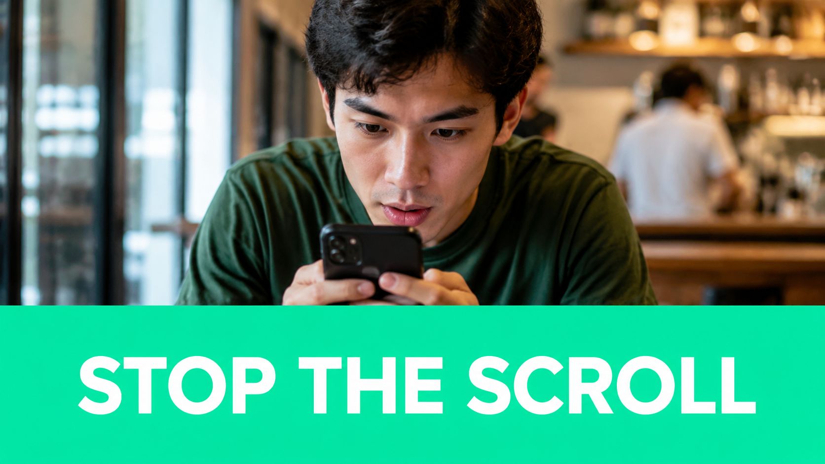 A focused man looking at his smartphone with a green overlay reading STOP THE SCROLL in white.