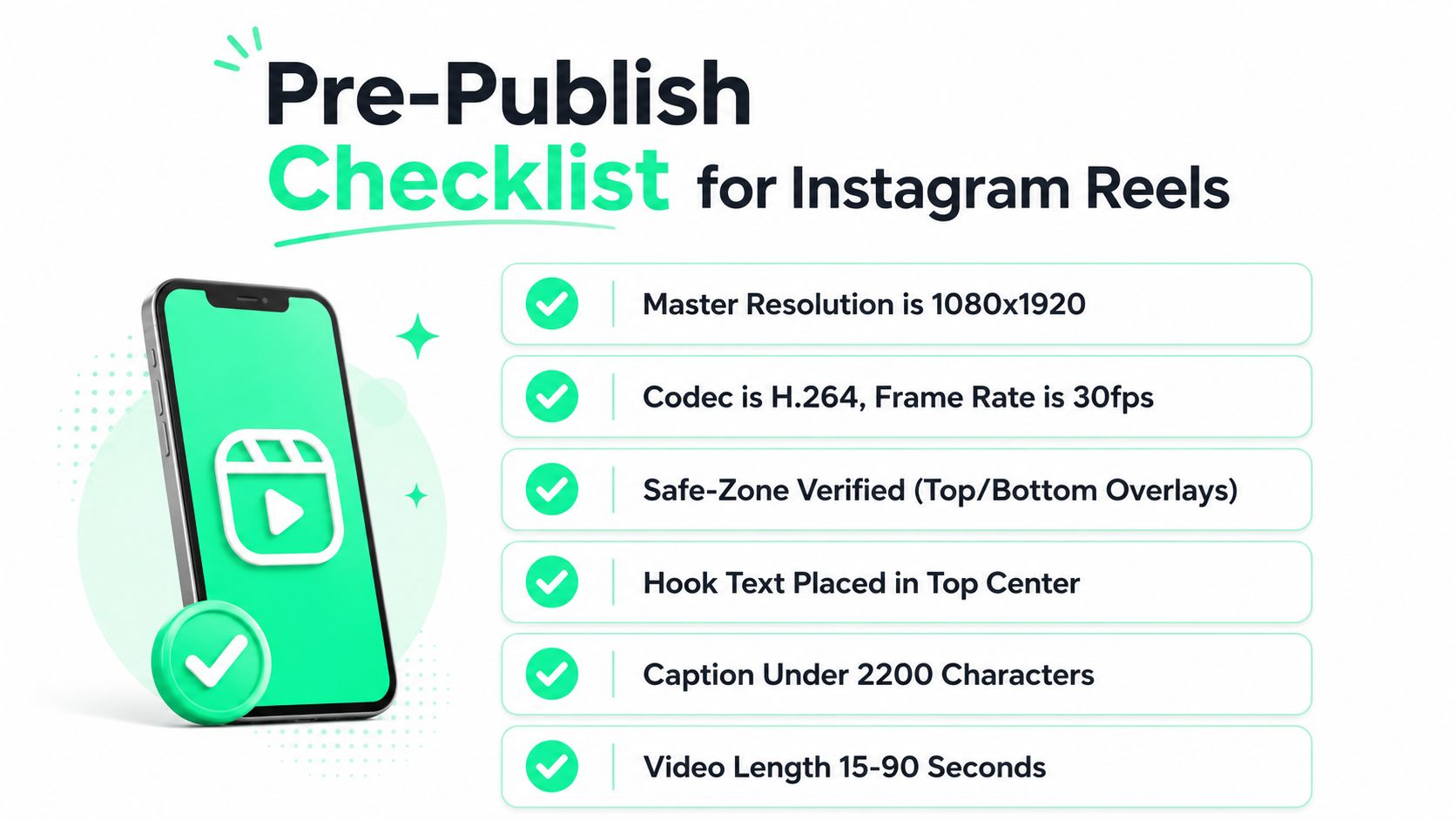 A pre-publish checklist for Instagram Reels detailing technical specifications, safe zones, and formatting guidelines.