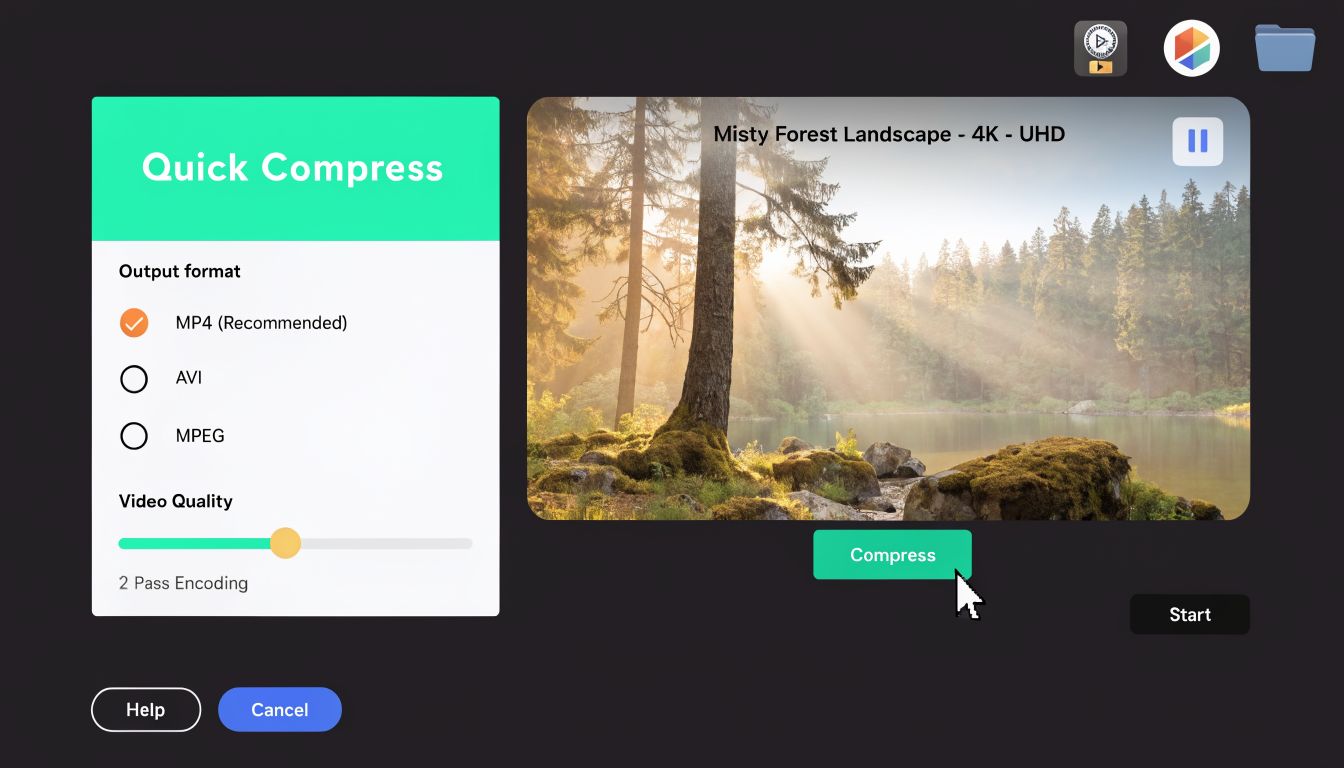A video compression software interface showing options to select output format and adjust video quality for compression.