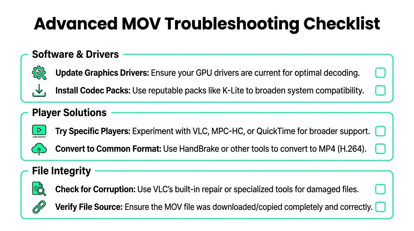 A structured checklist for troubleshooting issues when playing MOV video files on computers and media players.
