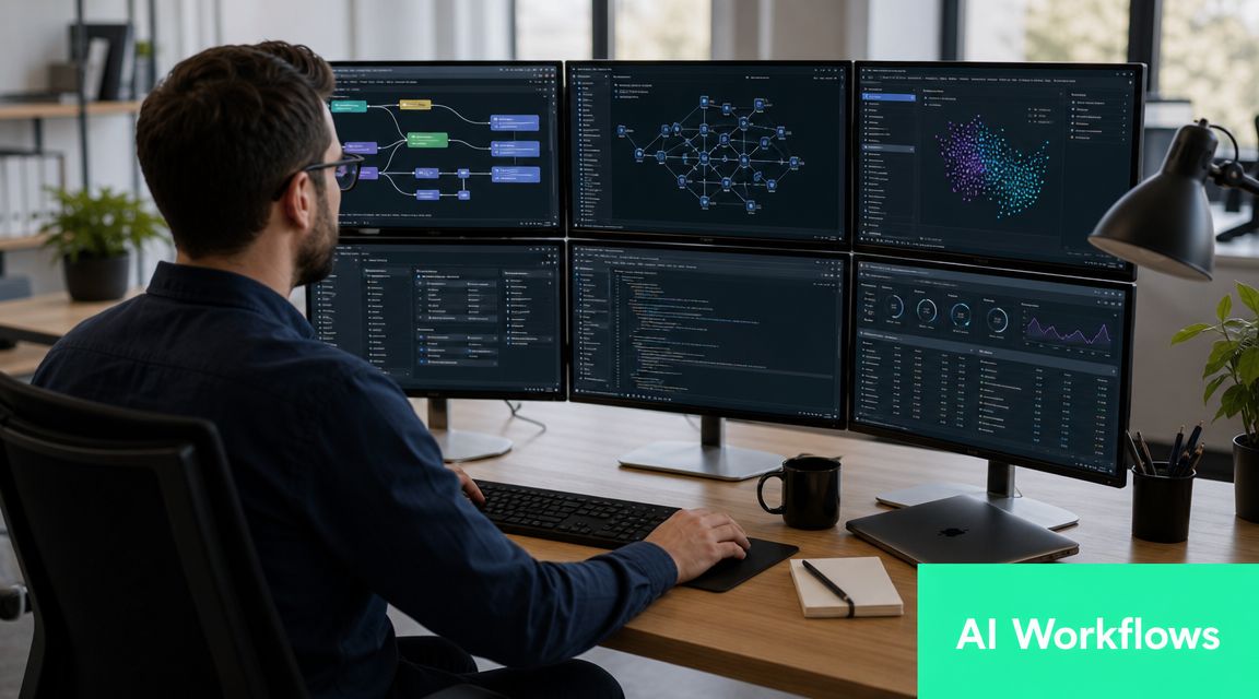 A professional developer working at a multi-monitor desk setup while analyzing complex AI workflow data and code.