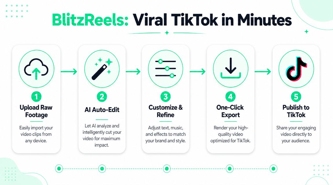 A five-step infographic showing how to create viral TikTok videos using the BlitzReels AI video editing platform.