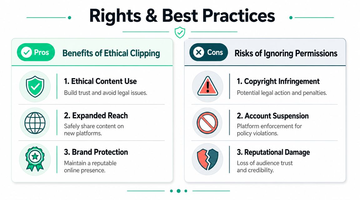 A graphic comparing the benefits of ethical video clipping versus the risks of ignoring copyright permissions.