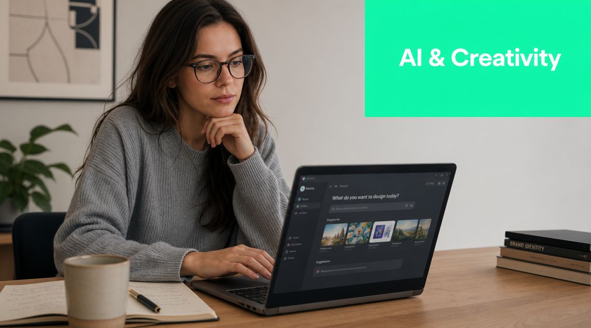 A woman working on a laptop with an AI design tool, sitting at a desk with books.