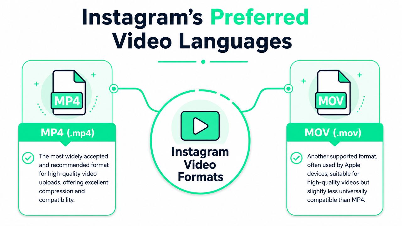 A graphic showing MP4 and MOV as the preferred video file formats for Instagram uploads.