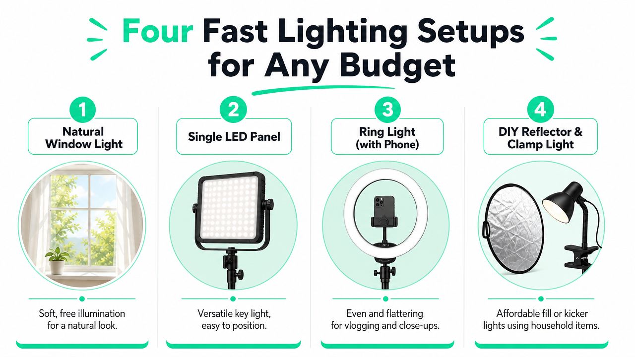 An infographic displaying four different fast and budget-friendly lighting setups for video creation and photography.