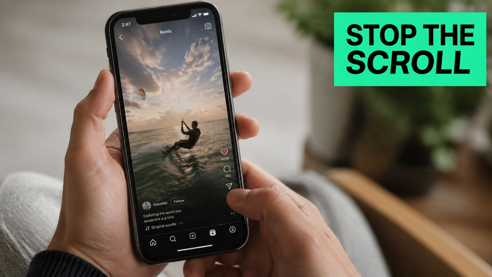 A person holding a smartphone displaying an Instagram Reels feed with a kitesurfing video on screen.