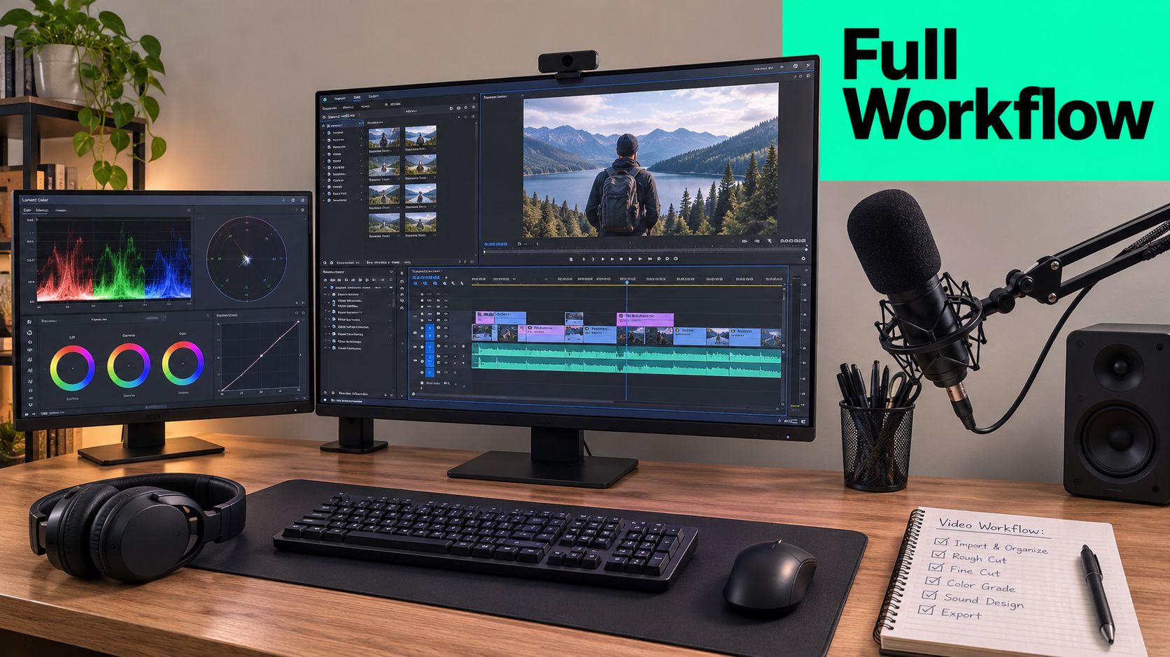A professional video editing workspace with multiple monitors, microphone, keyboard, and a video workflow checklist.