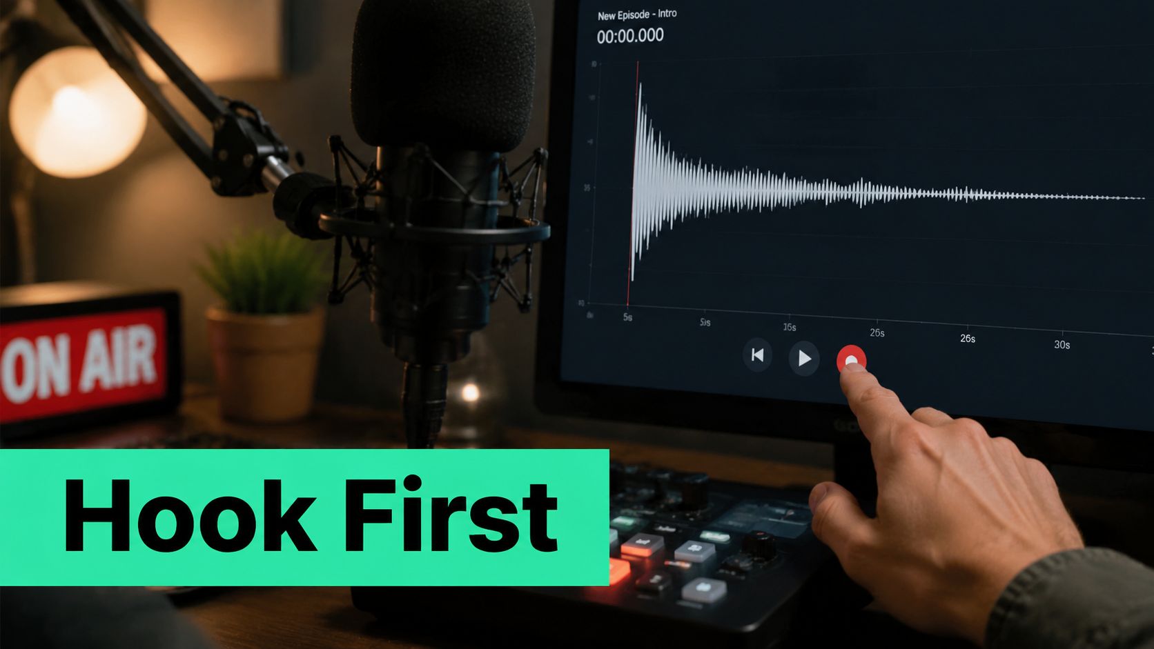 A hand presses the record button on a computer screen displaying audio software in a recording studio.