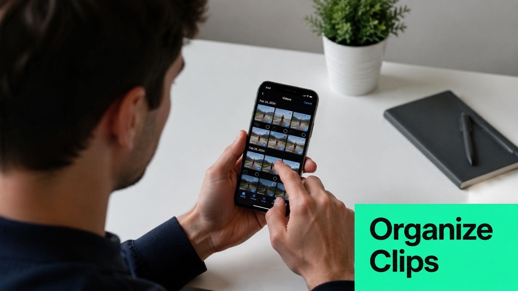 A person holding a smartphone while selecting and organizing video clips in a mobile editing application.