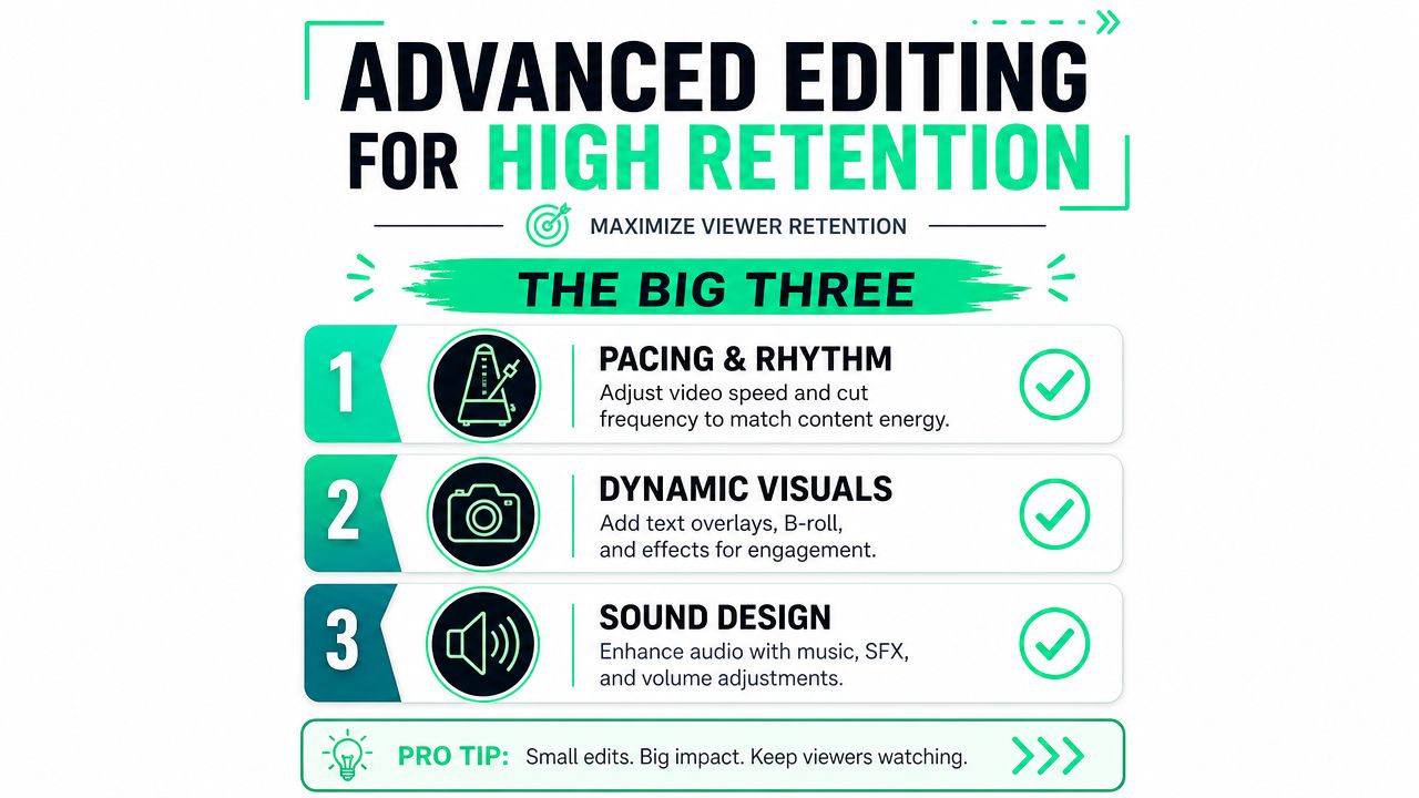 An infographic titled Advanced Editing for High Retention, highlighting pacing, dynamic visuals, and sound design techniques.