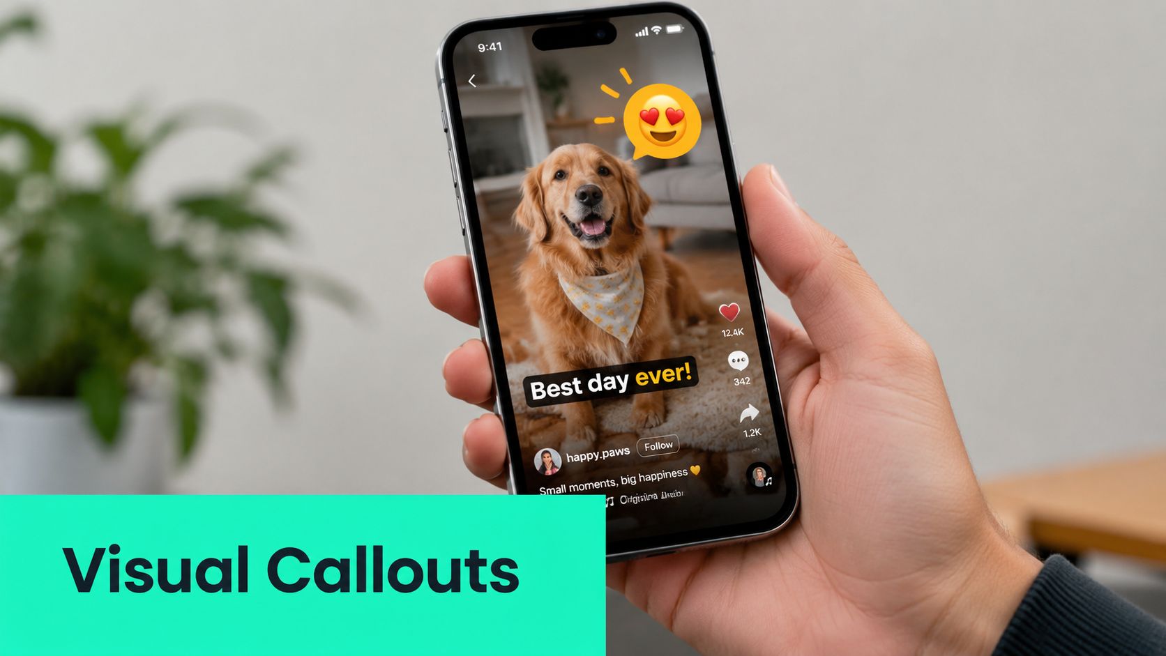 A hand holding a smartphone displaying a social media video post featuring a golden retriever puppy.
