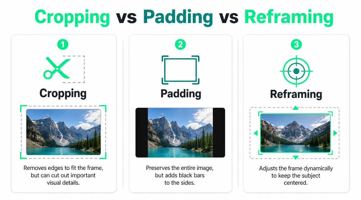 A comparison chart showing how cropping, padding, and reframing are used to adjust image aspect ratios.