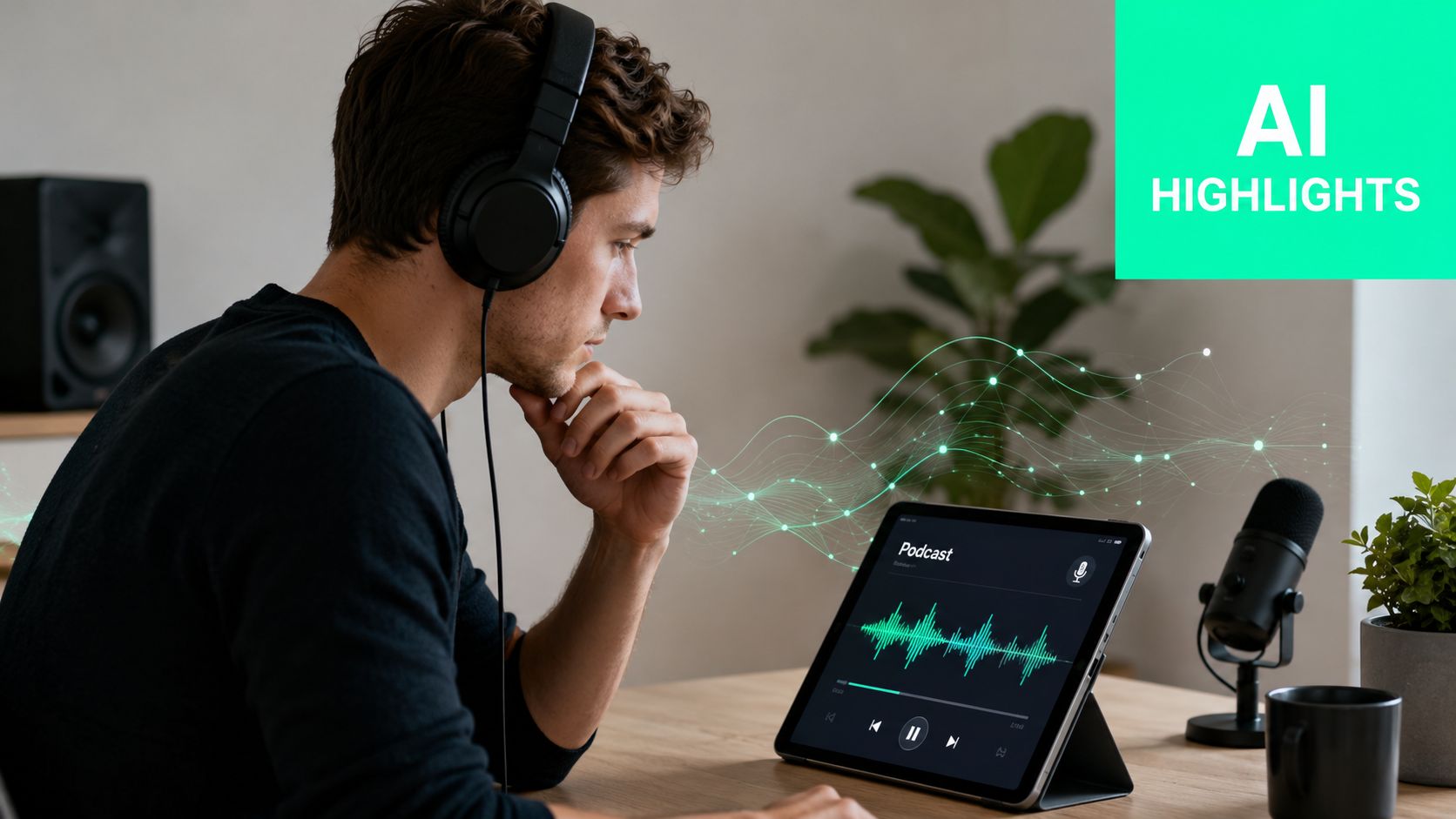 A young man wearing headphones listens to a podcast on a tablet with digital audio wave graphics.