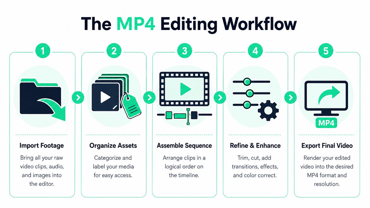 A five-step infographic showing the professional workflow for editing MP4 video files from import to export.